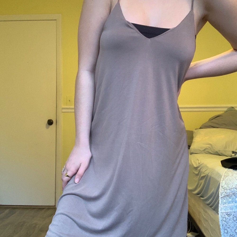 MIKEY & JOEY TAUPE MIDI SILKY SIMPLE DRESS